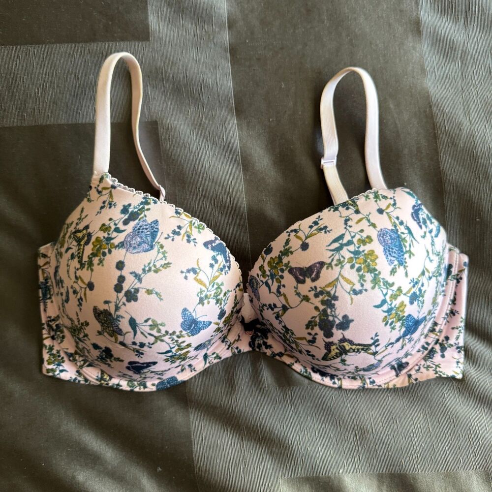 VICTORIA'S SECRET Body By Victoria Pink Floral Butterfly Push Up Bra Size 38DD
